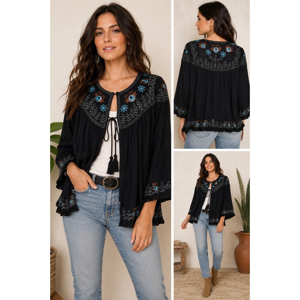 Velzera Black Embroidered Boho Peasant Blouse Medium Floral Tassel Fringe Cotto